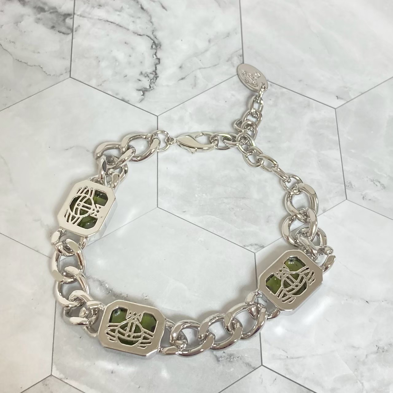 Vivienne Westwood Bracelet Stone 16.5-22cm Silver Green w/Pouch NO BOX