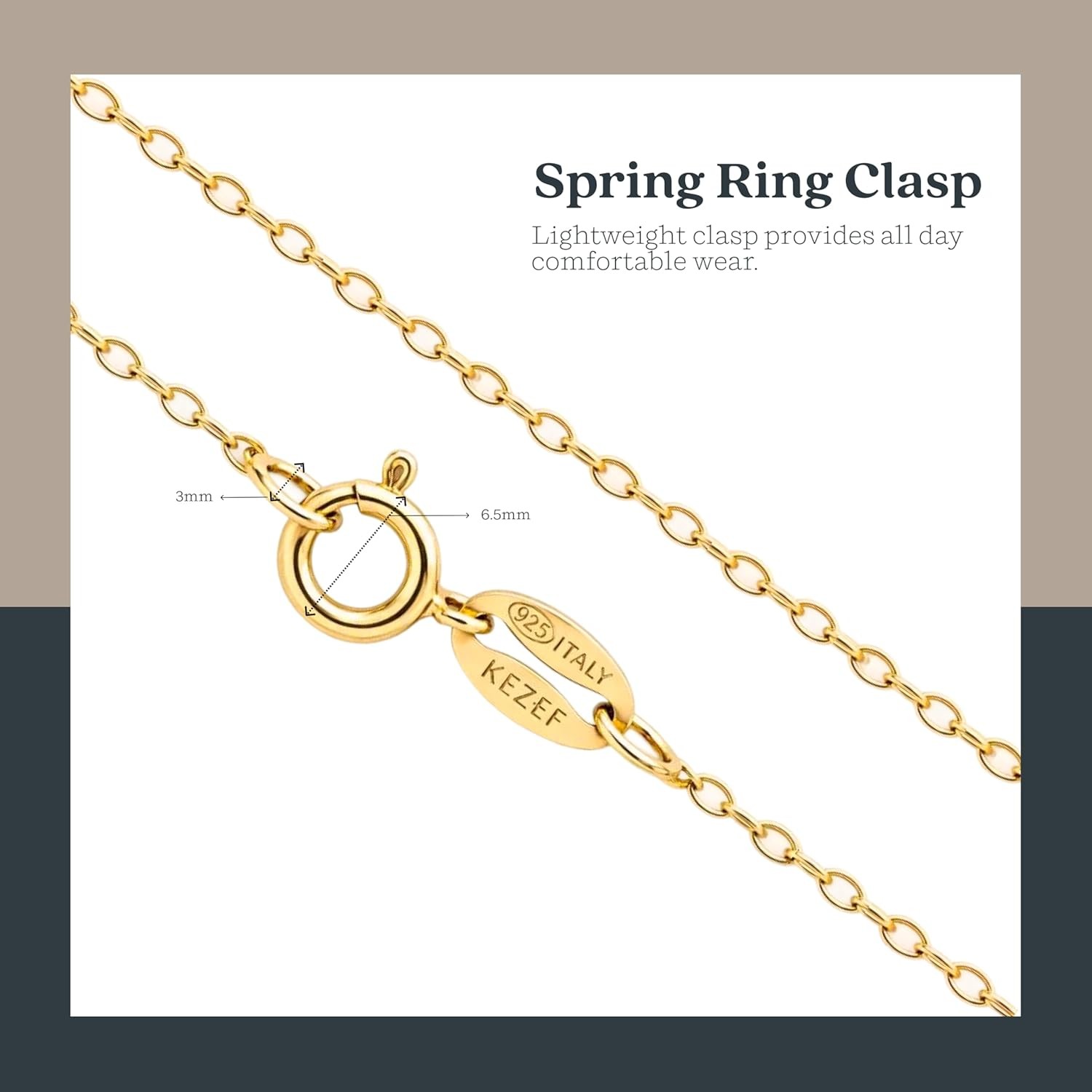 KEZEF 18ct Gold over Sterling Silver 1.3 mm Cable Chain for Women or Men – 925 S
