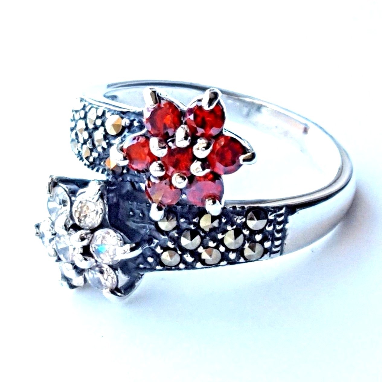 (SIZE 6,7,8,9) TWO FLOWERS RING Garnet & White CZs Marcasite 925 STERLING SILVER