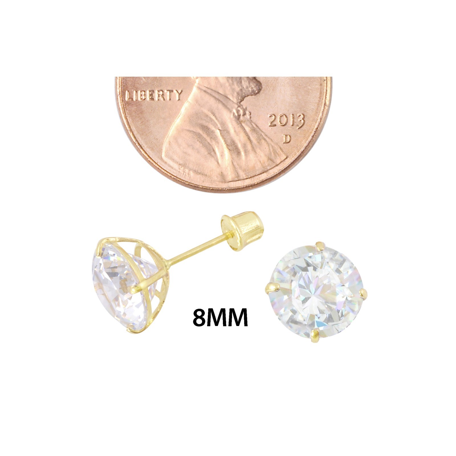 Round CZ Studs Screw Back Earrings Solid 14k Yellow Gold Clear Basket Set