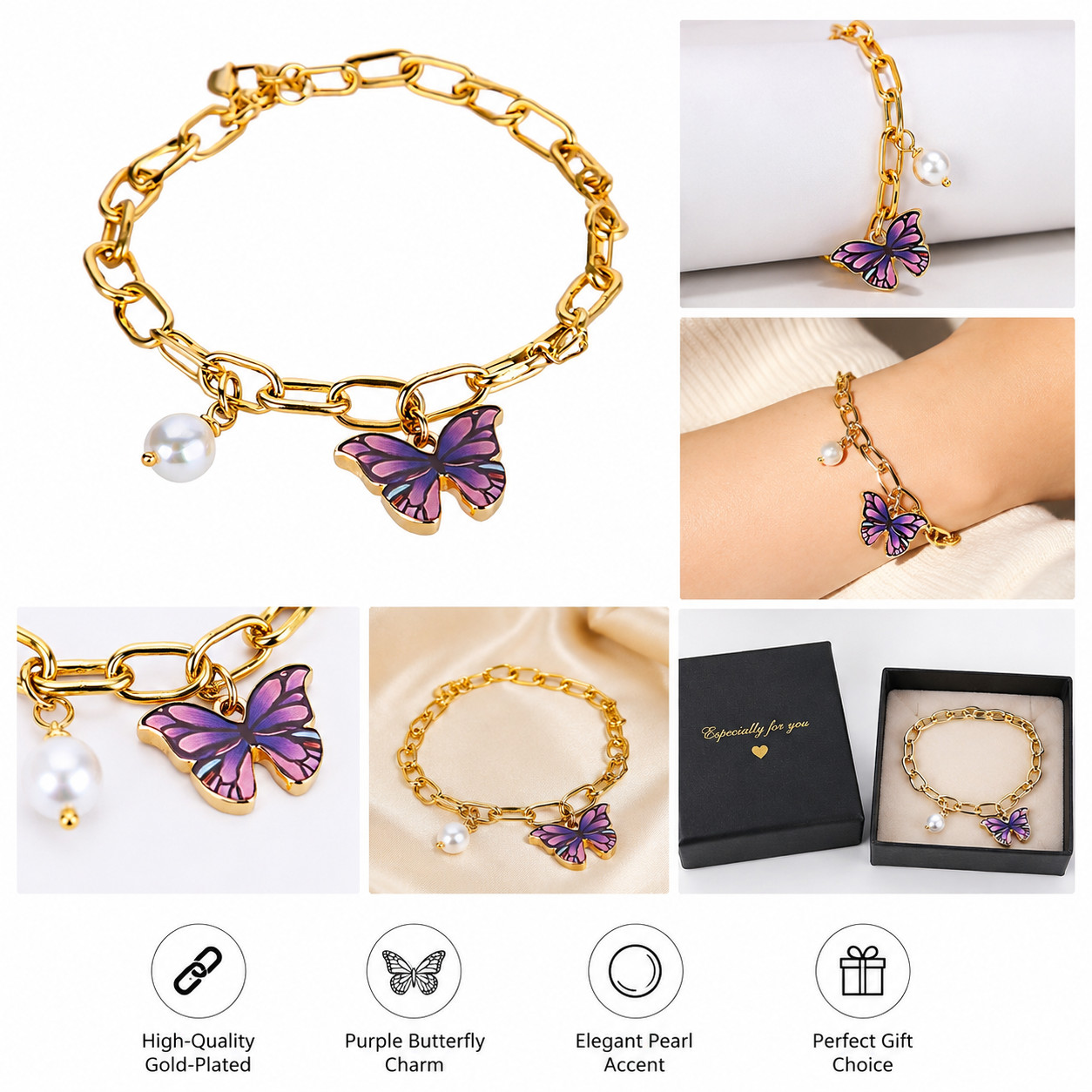 Gold Plated Butterfly Bracelet, Purple Charm & Real Pearl Accent, Dainty Gift