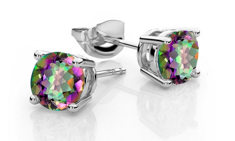 925 Sterling Silver 6mm Round Cut Mytsic Topaz CZ Stud Earrings For Women