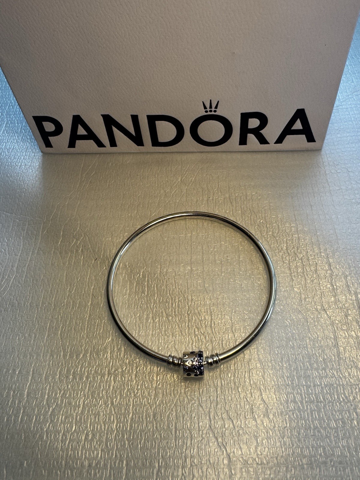 PANDORA Silver Bangle Charm Bracelet Stackable w/ Blue CZ European Clip Charm