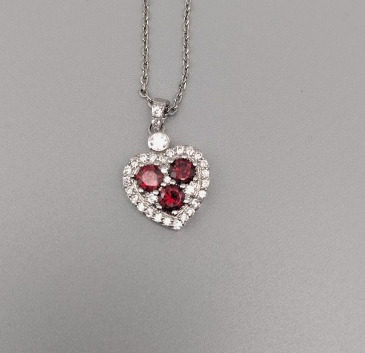 2 Rhinestone Necklace Charm Silver Tone Pink Red Heart Rectangle Birthstone