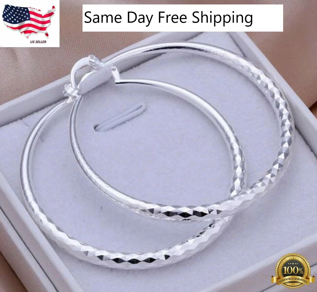 1 Pair 30mm Silver Plated Big Textured Hoop Earrings for Women