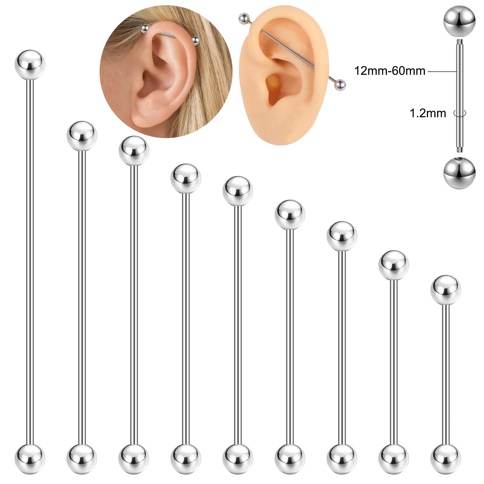 12mm-60mm Stainless Steel Industrial Barbell Piercing Cartilage Earrings Jewelry