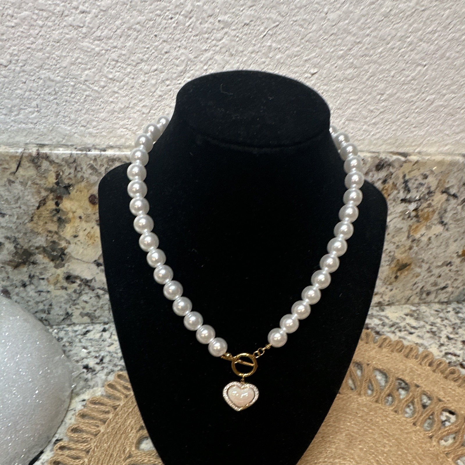 White Faux Pearl Beaded Necklace, Gold Tone Toggle, Heart Charm Pendant
