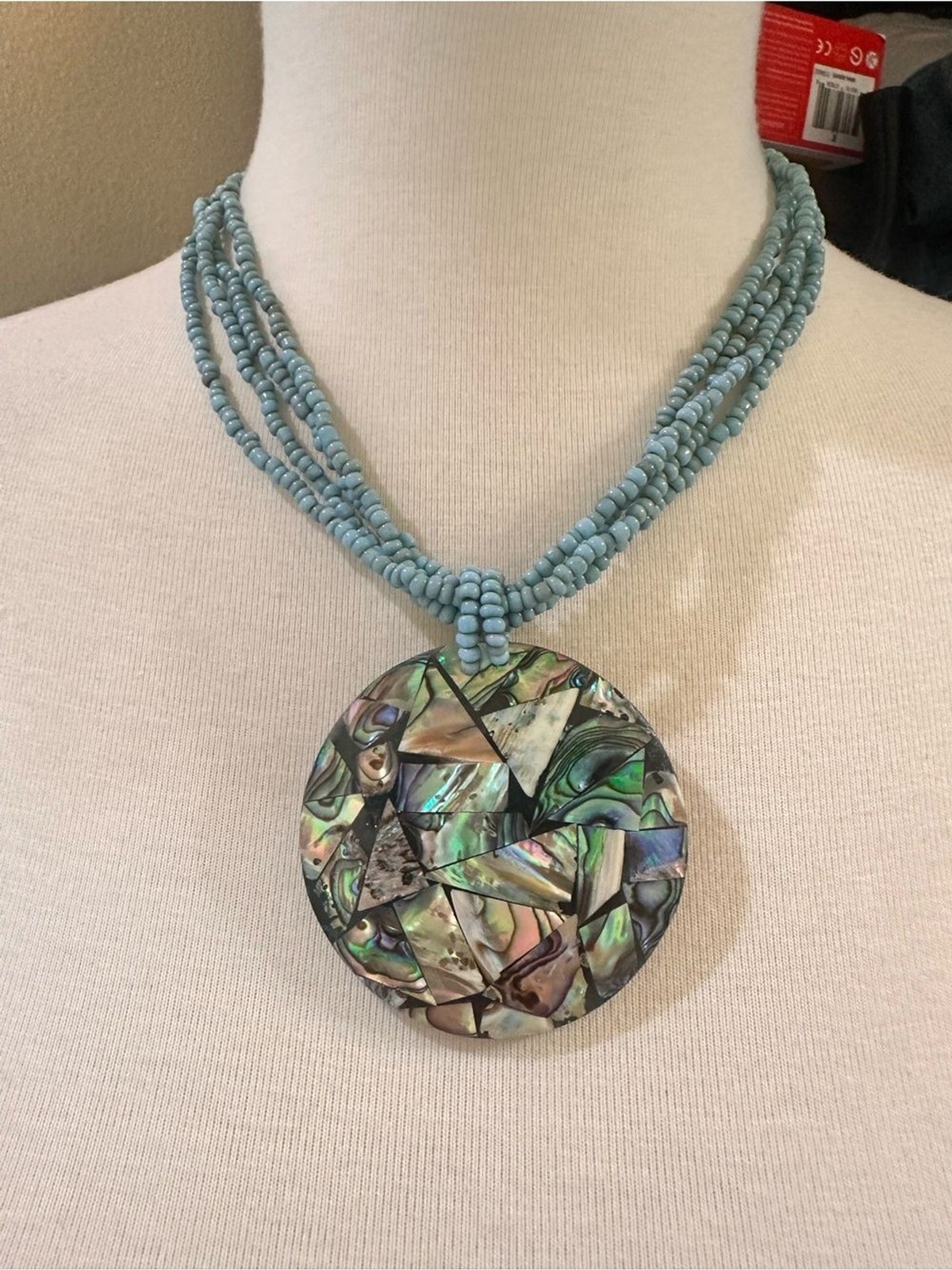 Source Unknown Blue Beaded Necklace with Iridescent Abalone Mosaic Pendant