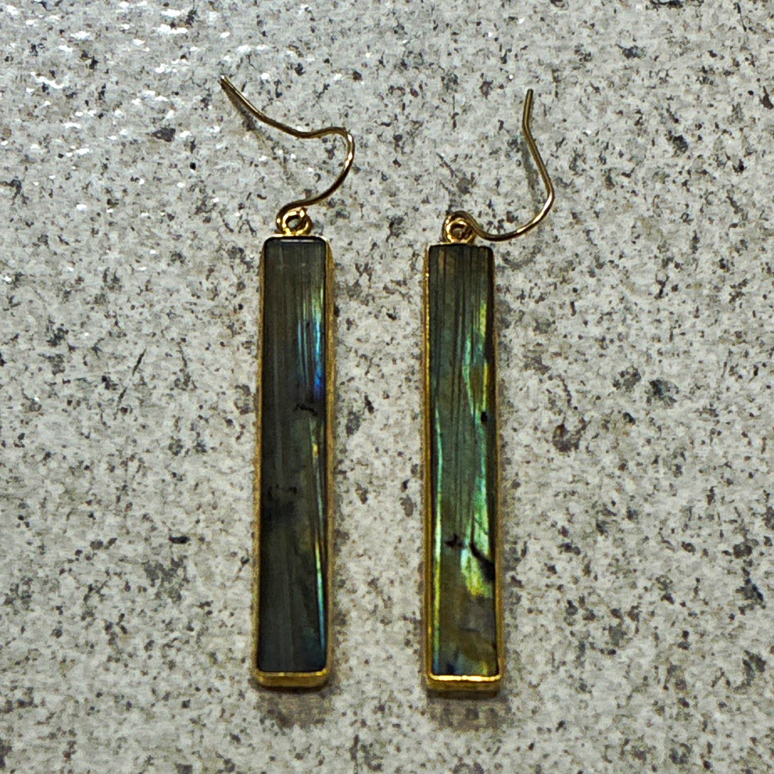 Natural Labradorite Rectangle Bezel Set Dangle Earrings Gold Tone Hook Pair