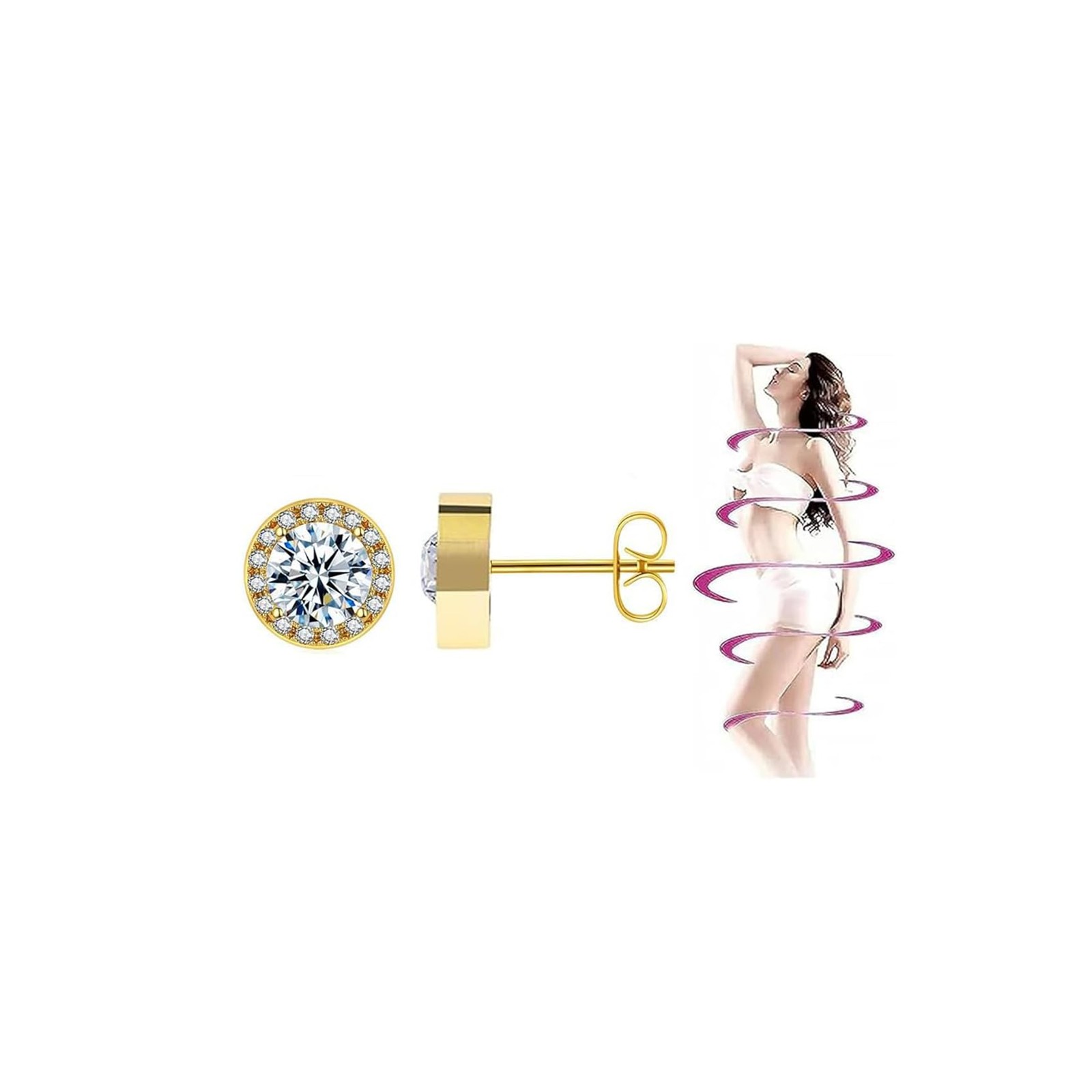 Earrings Germanium Lymphatic Drainage Therapy Lymph Detox Sparkly CZ Stud Gold