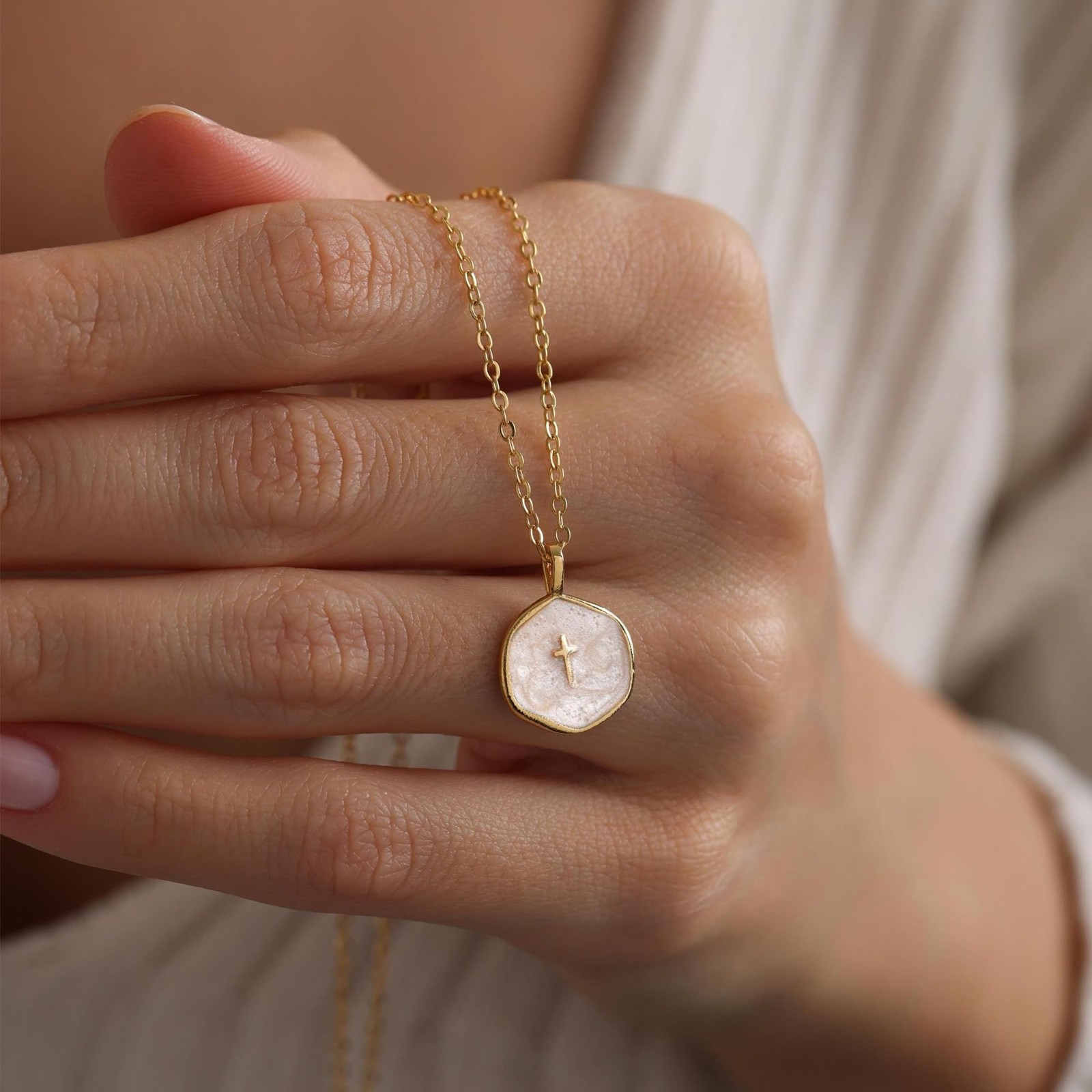 Tewiky Cross Necklace for Women-Dainty 17 inches (with extension), Gold