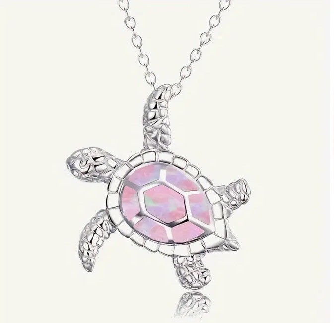 Silver Pink Stone Turtle Pendant Necklace Fashion Fun Jewelry