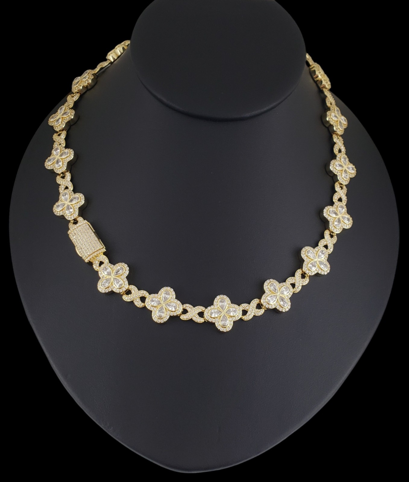 14K Gold Plated Cz Clover Flower Choker Chain Necklace And Bracelet Set
