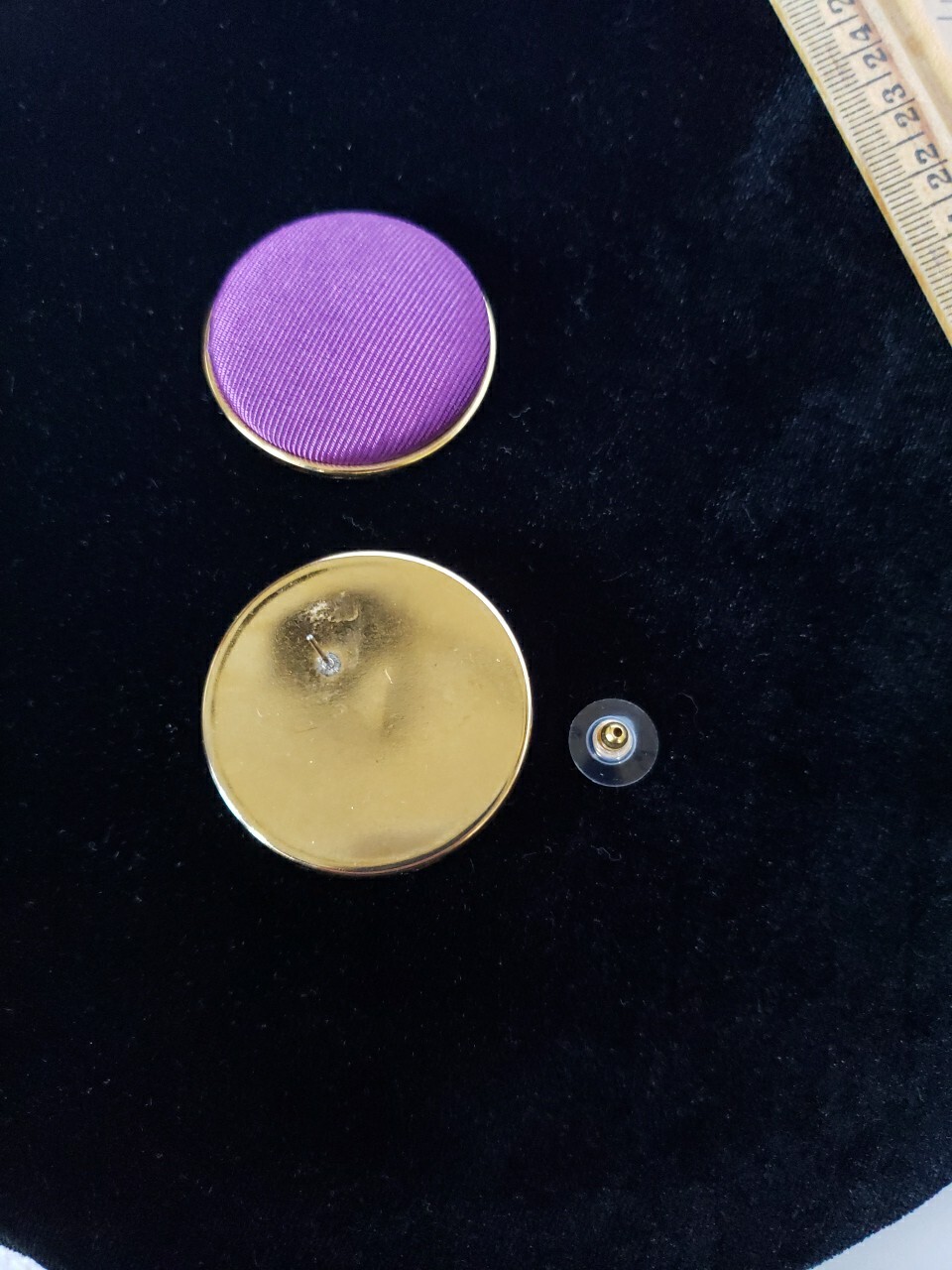 Vintage 80s 90s Earrings Round Statement 1 5/8 In Pierced Purple Fabric