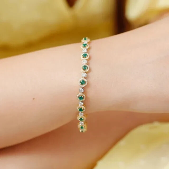 Simulated Green Emerald & Diamond 7″ Tennis Bracelet In 14K Two Tone Gold Plated
