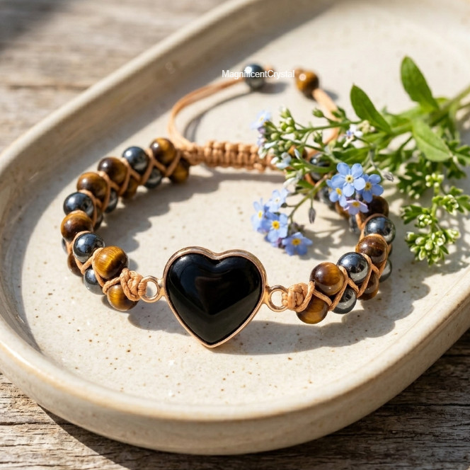 Triple Protection Heart Bracelet Black Obsidian Tiger Eye Hematite Hand Braided