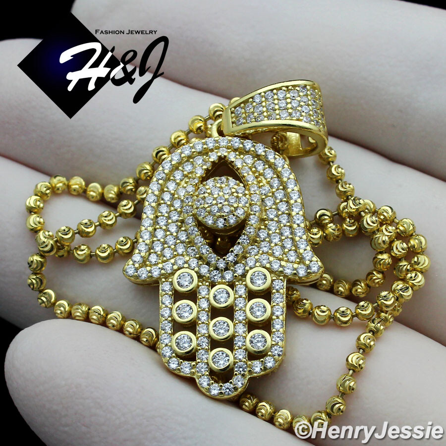 18-30″925 STERLING SILVER 2MM GOLD PLATED CHAIN CUBIC ZIRCONIA HAMSA PENDANT*257