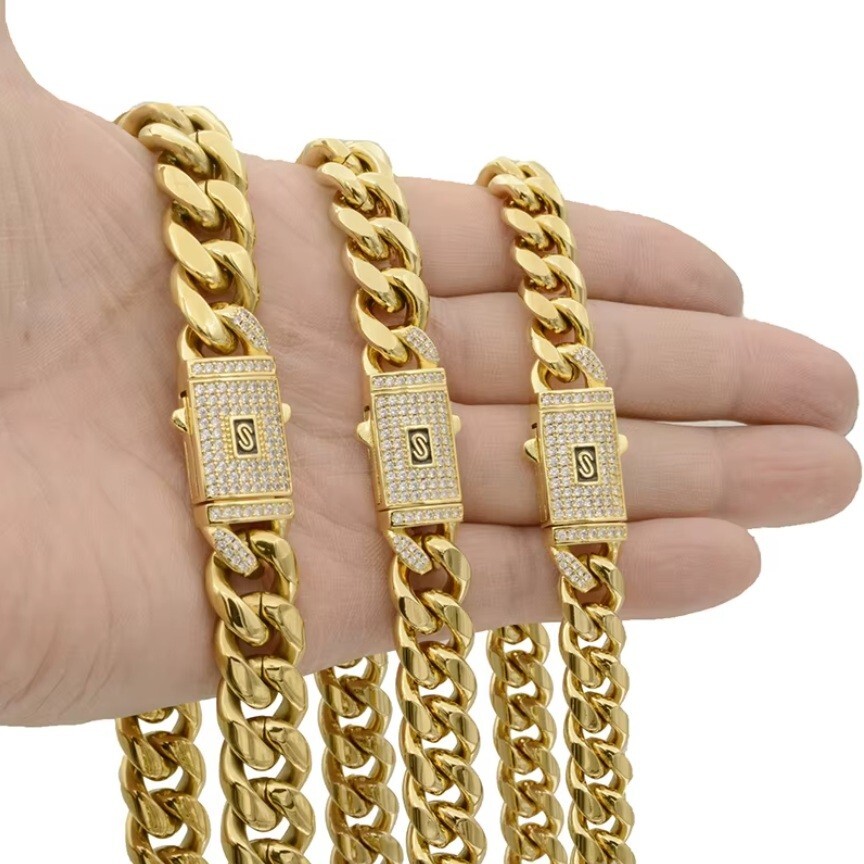 Stainless Steel 14k Gold Plated Miami Hip Hop Cuban Link Chain Necklace Bracelet