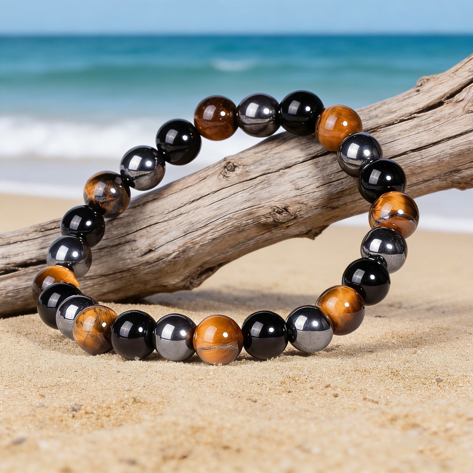 Natural Tiger Eye Hematite Black Obsidian Triple Protection Men Stretch Bracelet