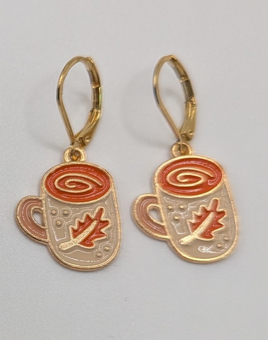 Fall Latte mug Dangle Drop Earrings, 24K gold plated leverbacks, pumpkin spice