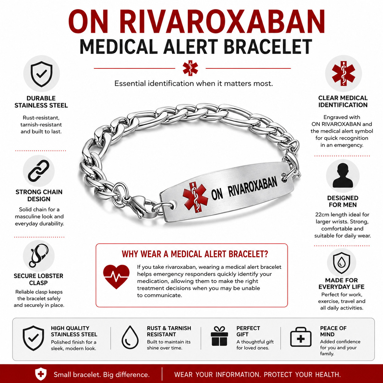 On Rivaroxaban Mens Medical Alert ID Bracelet Stainless Steel 22cm Large
