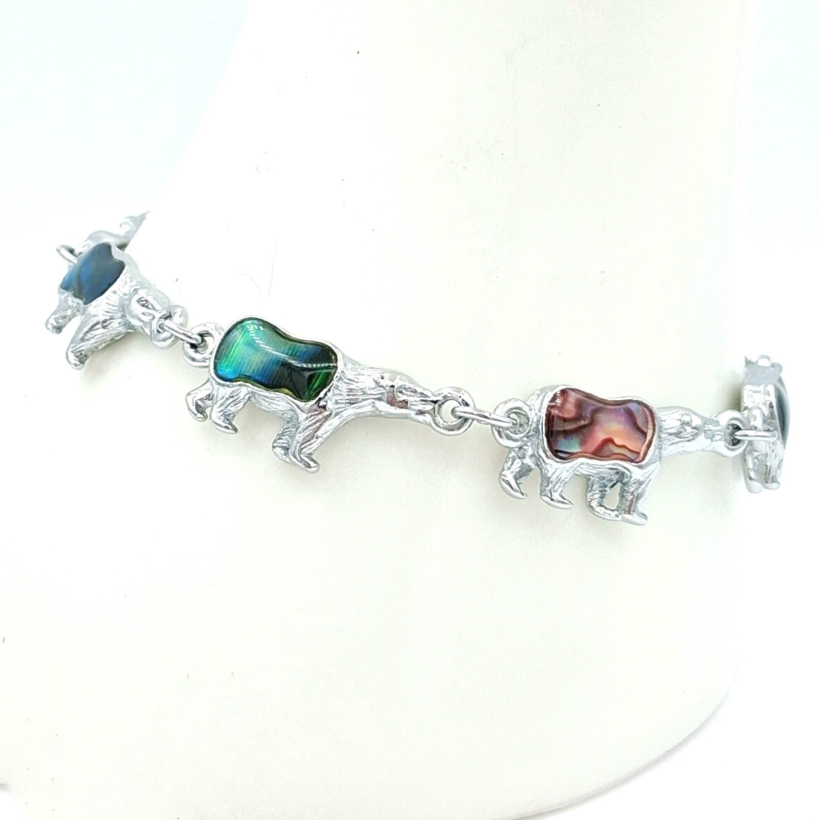 Silver Tone Abalone Bear Bracelet 7.25″ Totem Animal Fold Over Clasp