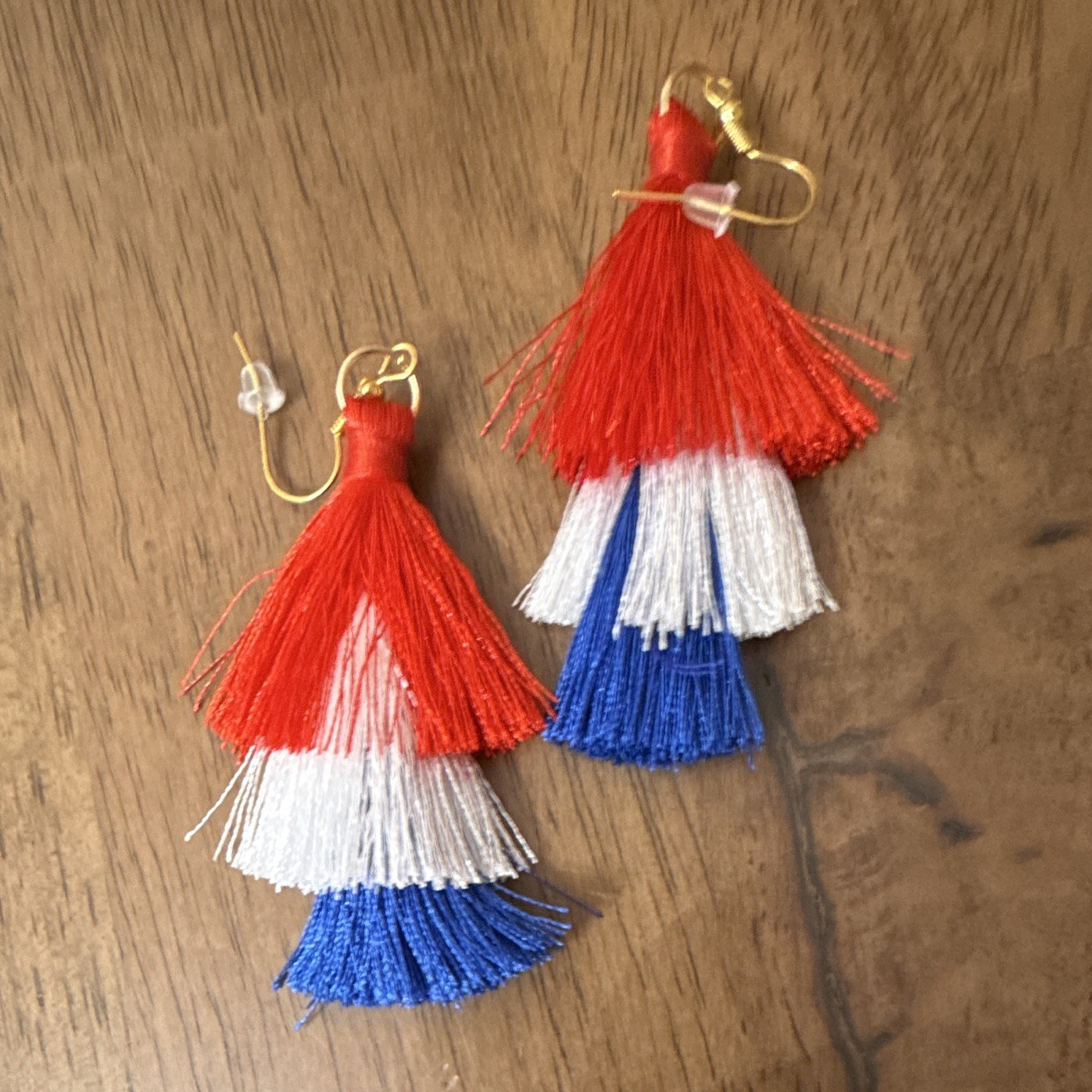 Red White Blue Nylon Tassel Dangle/Drop Earrings, Hook Closure, No Stone