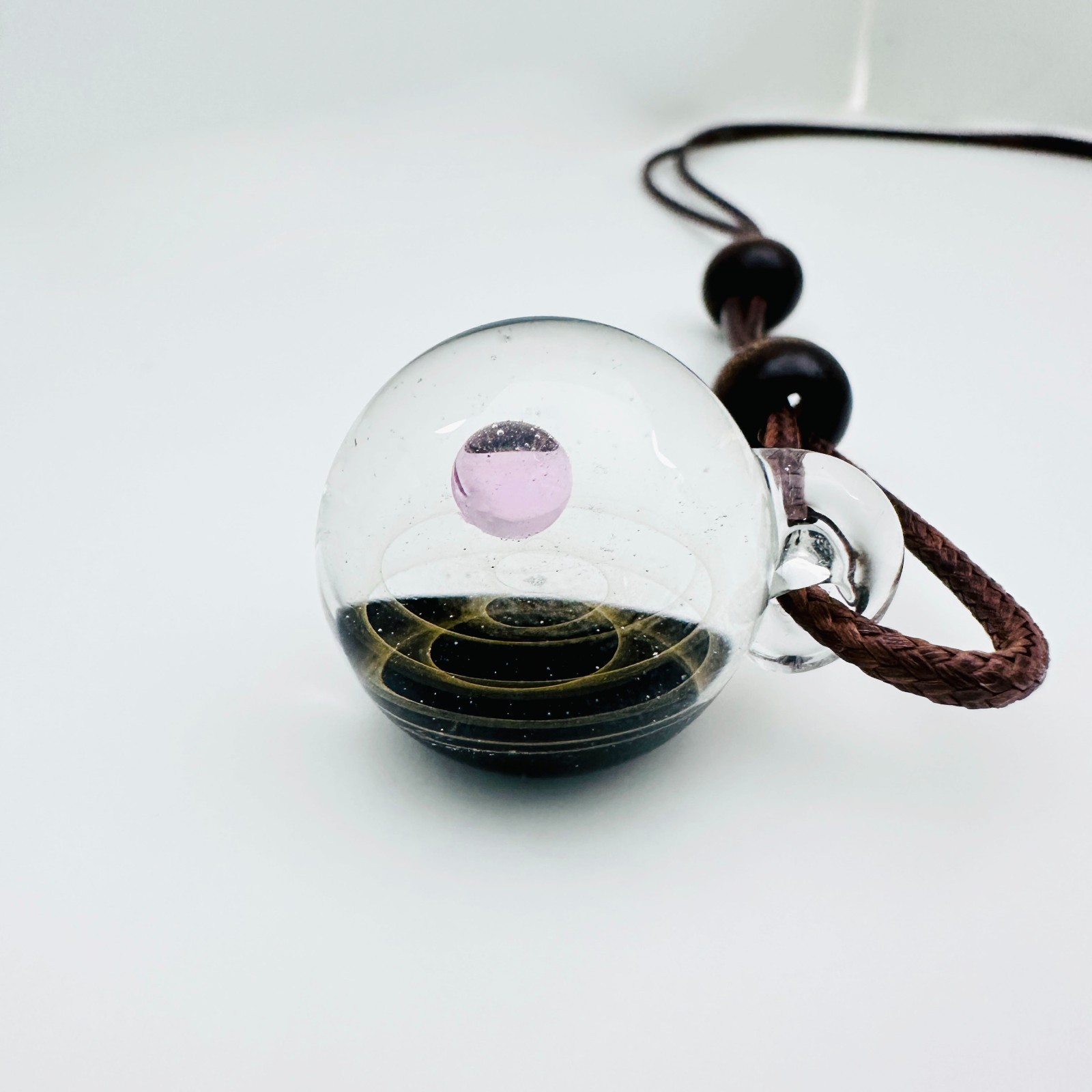 Galaxy Cosmic Sphere Glass Lampwork Pendant w/Long Brown Cord Necklace