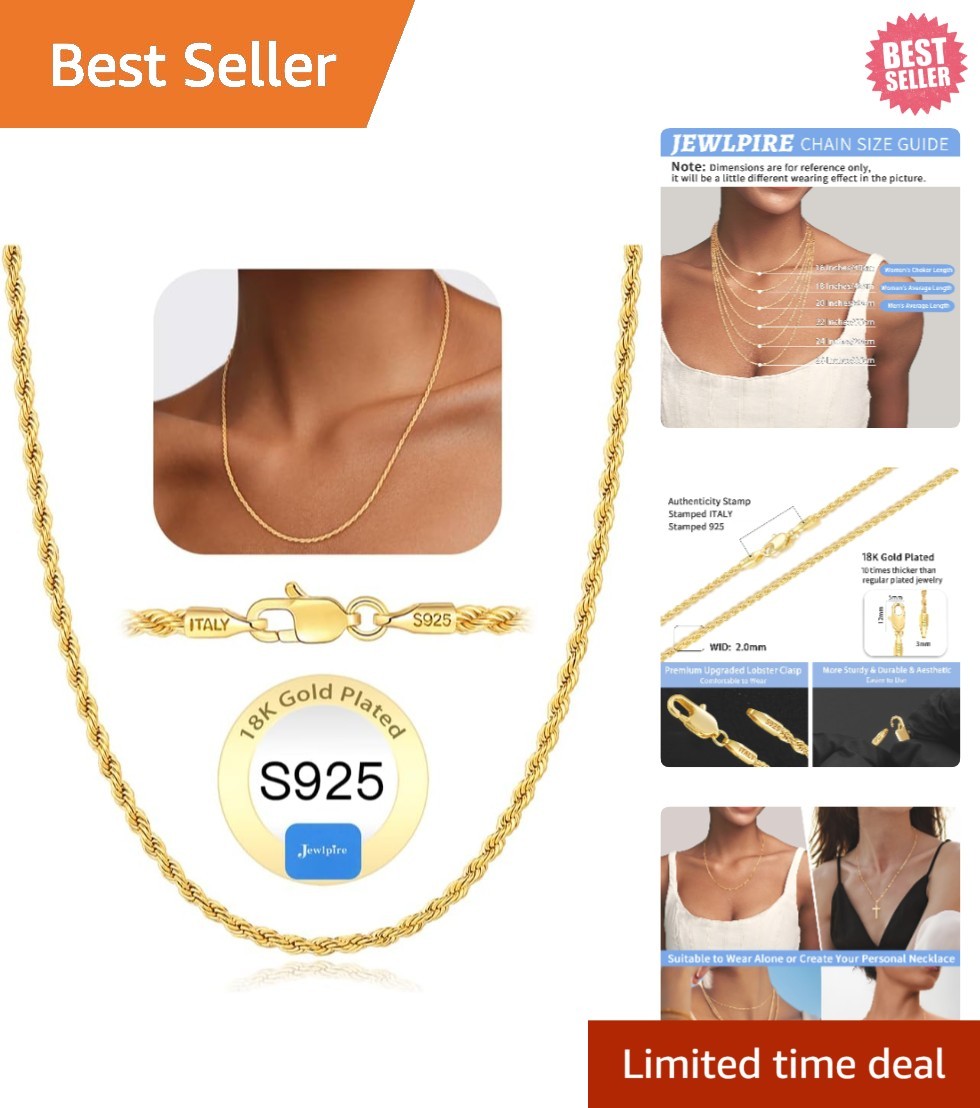 Dainty 2mm Rope Chain Necklace in 18k Gold Plated Sterling Silver – 16-26 Inch