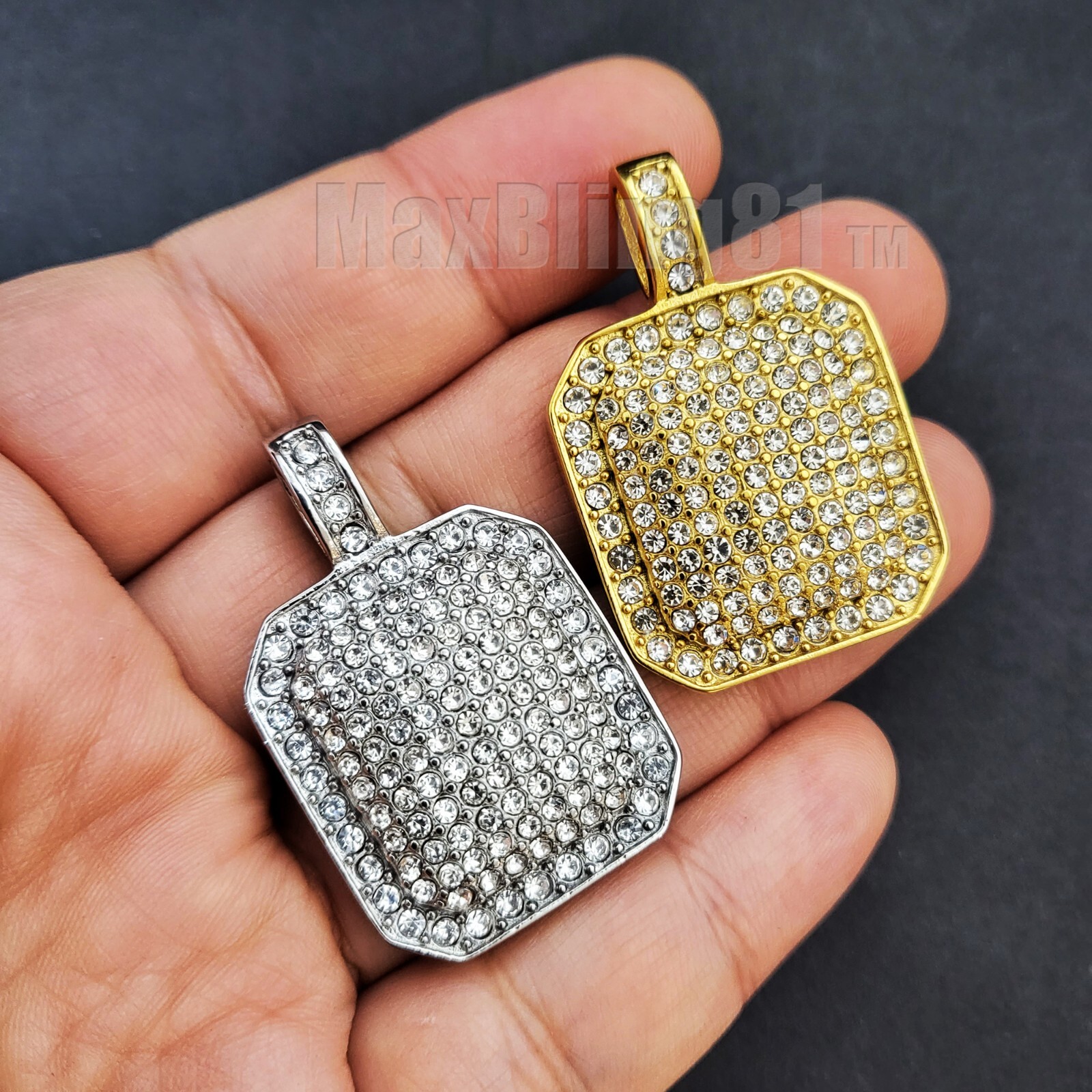 Stainless Steel Gold Tone Hip Hop Iced Cubic Zirconia DOG TAG Square Pendant