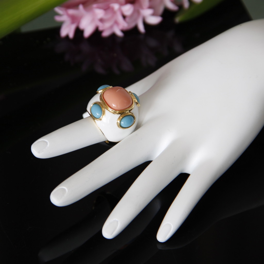 Hampt 18K Yellow Gold Plated Orange Blue Resin White Epoxy Fashion Cocktail Ring
