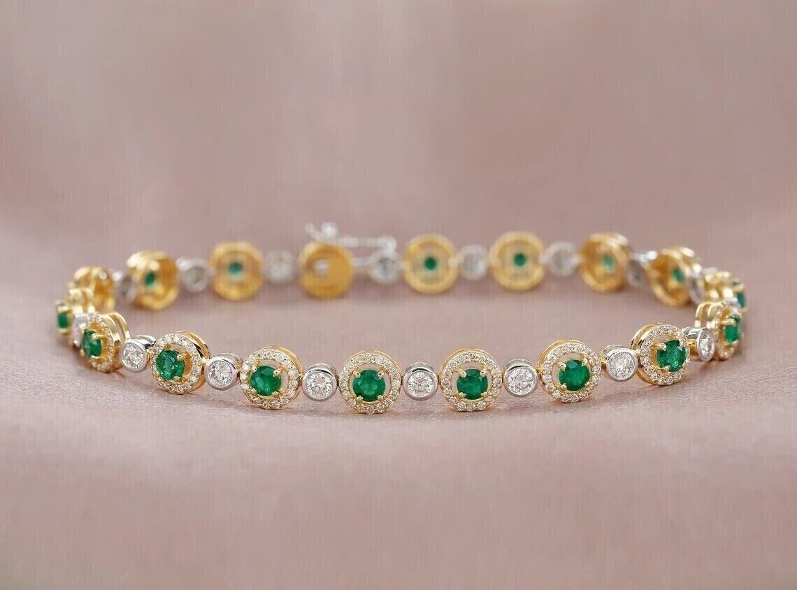 Simulated Green Emerald & Diamond 7″ Tennis Bracelet In 14K Two Tone Gold Plated