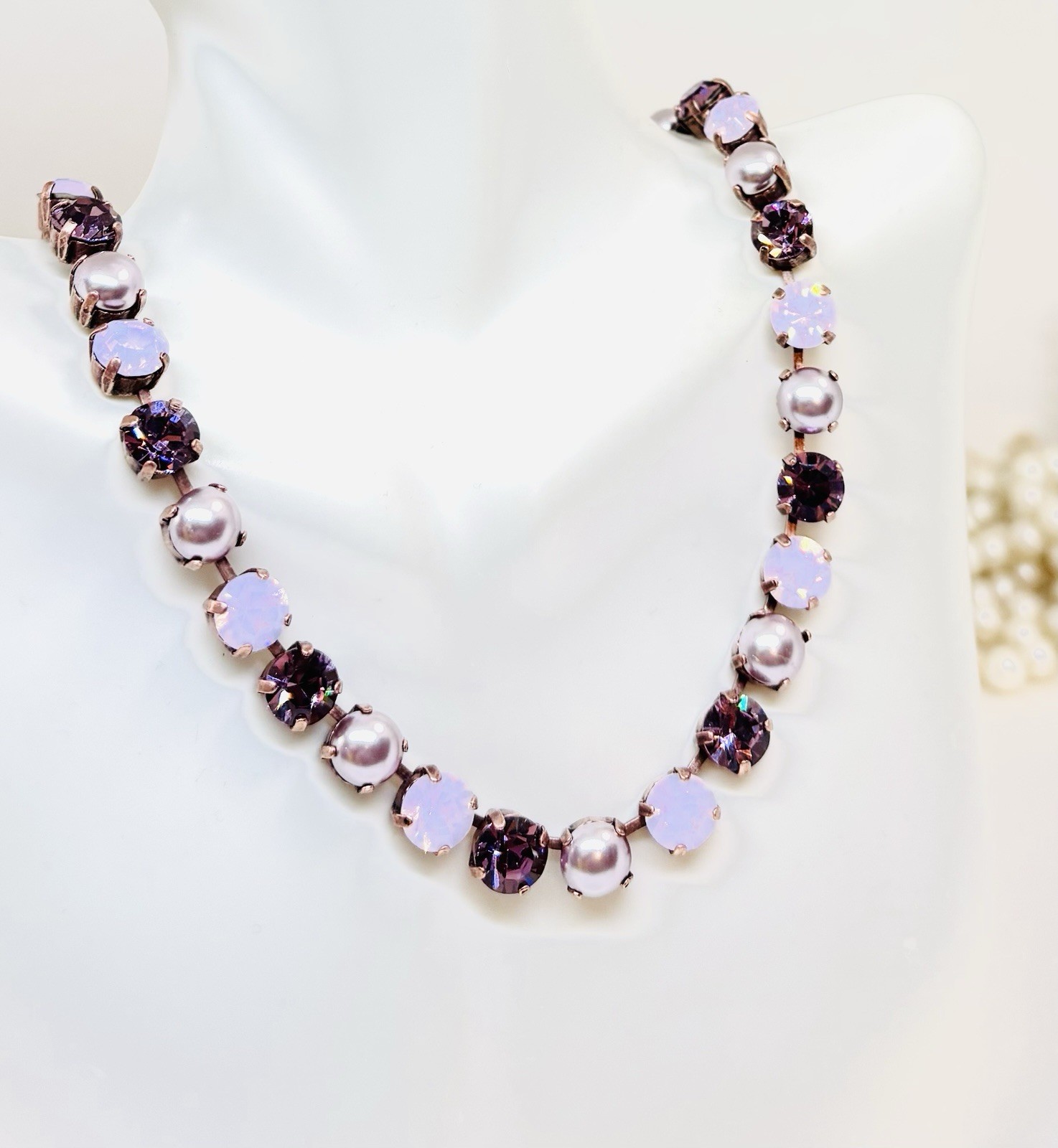 Antique Copper Plated Smoky Mauve Lavender Cup Chain Tennis Necklace