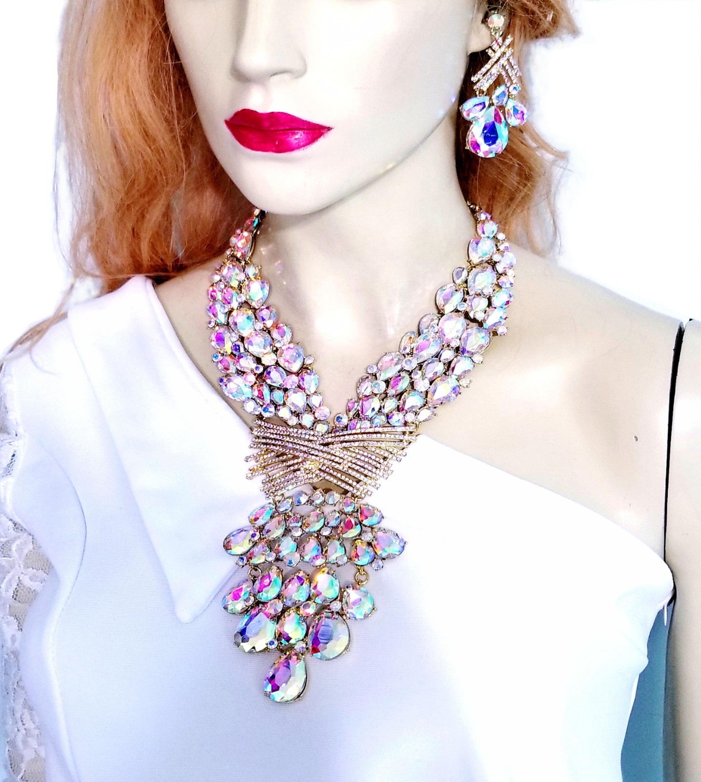 AB Iridescent X Large Necklace Choker Earring Set Rhinestone Crystal Drag