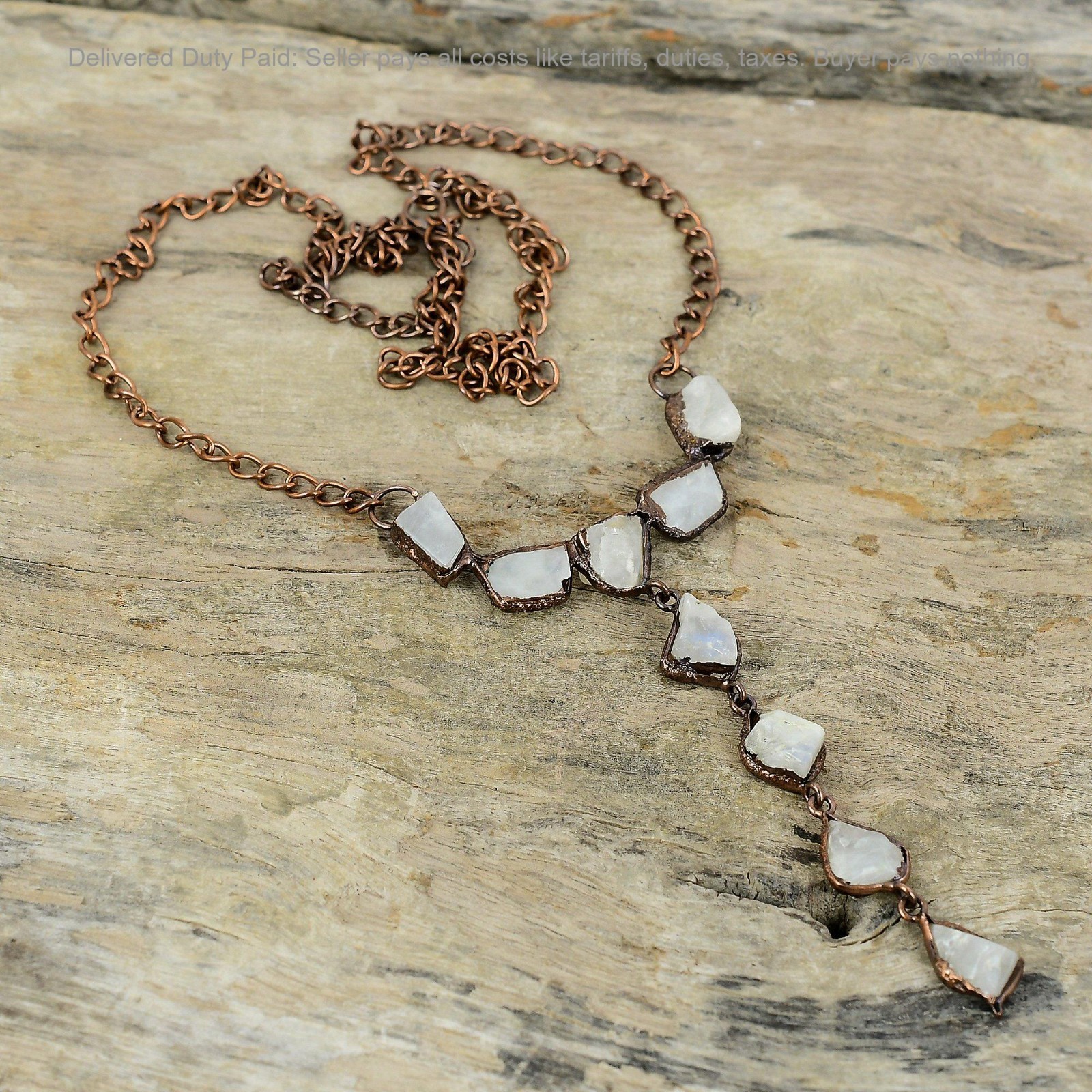 Rainbow Moonstone Rough Stone Ethnic Chain Electroformed Necklace Jewelry Copper