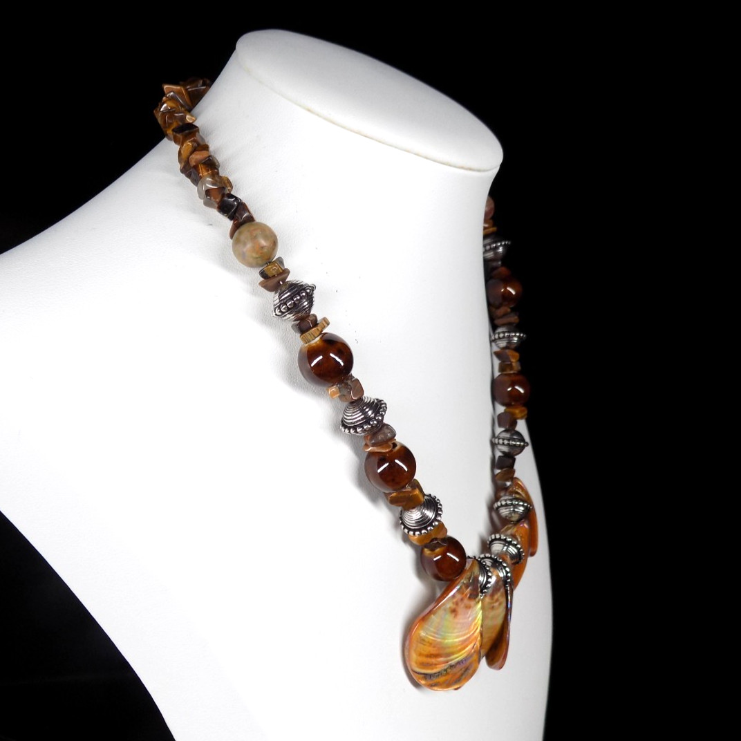 Tiger’s Eye Bib Necklace Brown Iridescent Shell Silver-Tone Lobster Clasp Beads