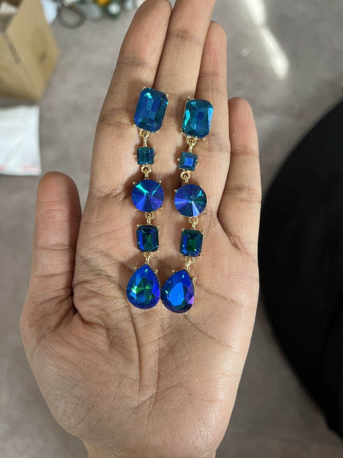 Blue Ab Earrings Green Blue Long Royal Drop Dangle Rhinestone Crystal Pageant