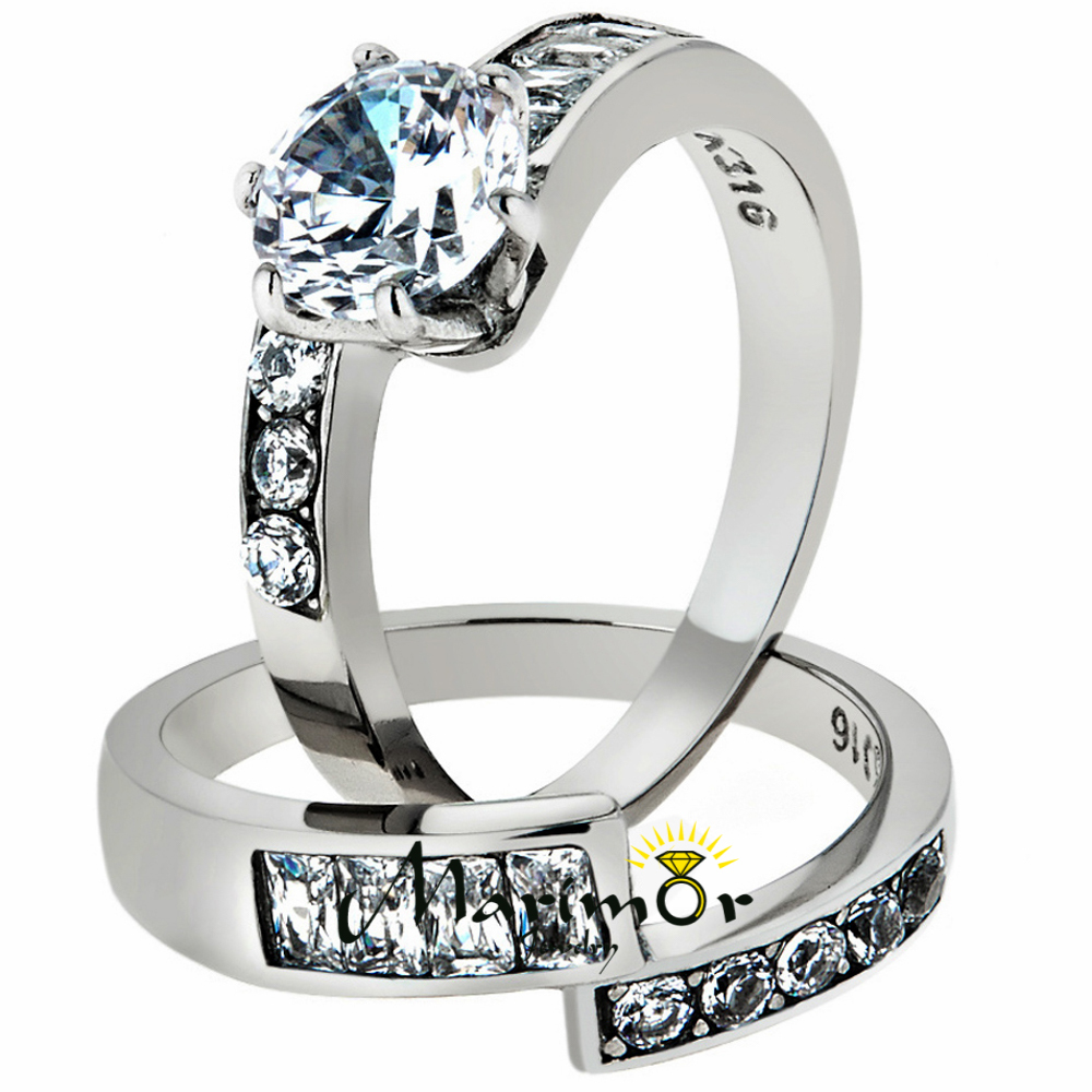 Women’s 2.5 Ct Round Brilliant Cut AAA Zirconia Stainless Steel Wedding Ring Set
