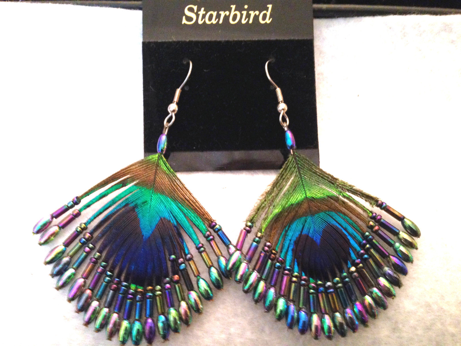 PEACOCK FEATHER BEADED EARRINGS AURORA BOREALIS 80’s VINTAGE