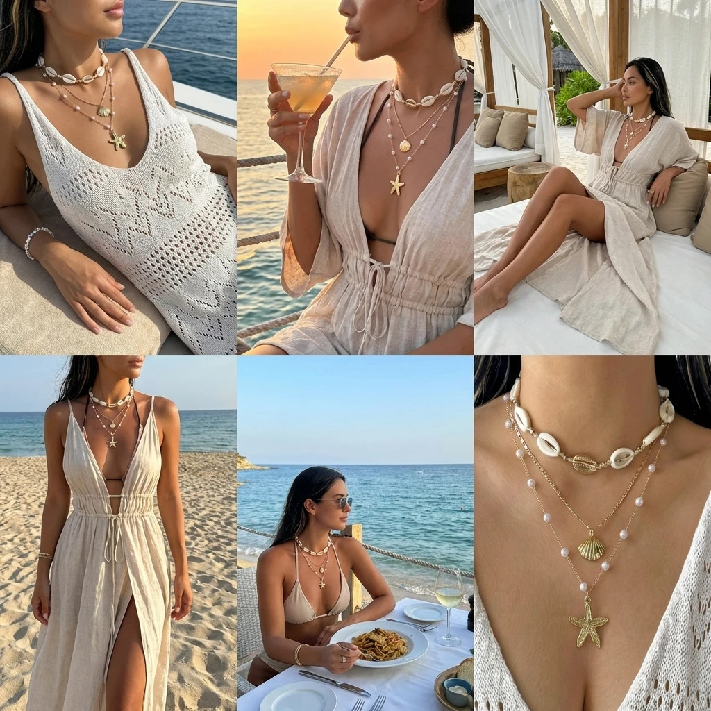 Boho Multilayer Starfish Shell Conch Pendant Necklace For Women Trendy Summer Be