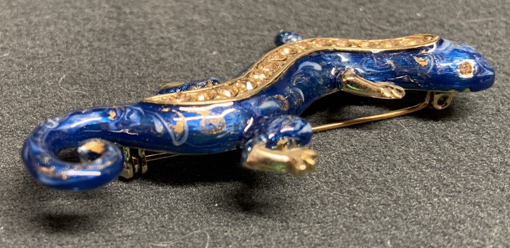 Vintage Monet Blue Lizard Salamander Pin Brooch Rhinestones 2.4” in Long USED