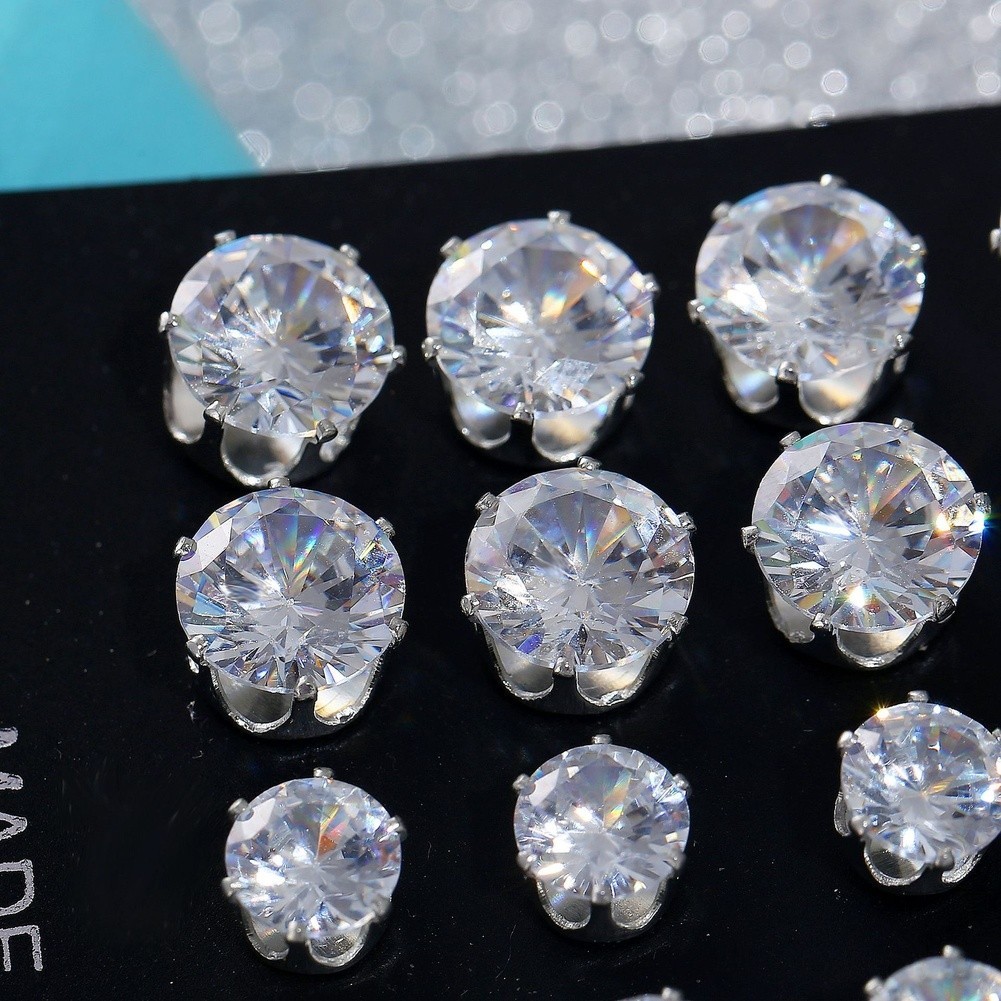 12 Pairs Round Six Prong Zircon Stud Earrings Silver Alloy for Work Events
