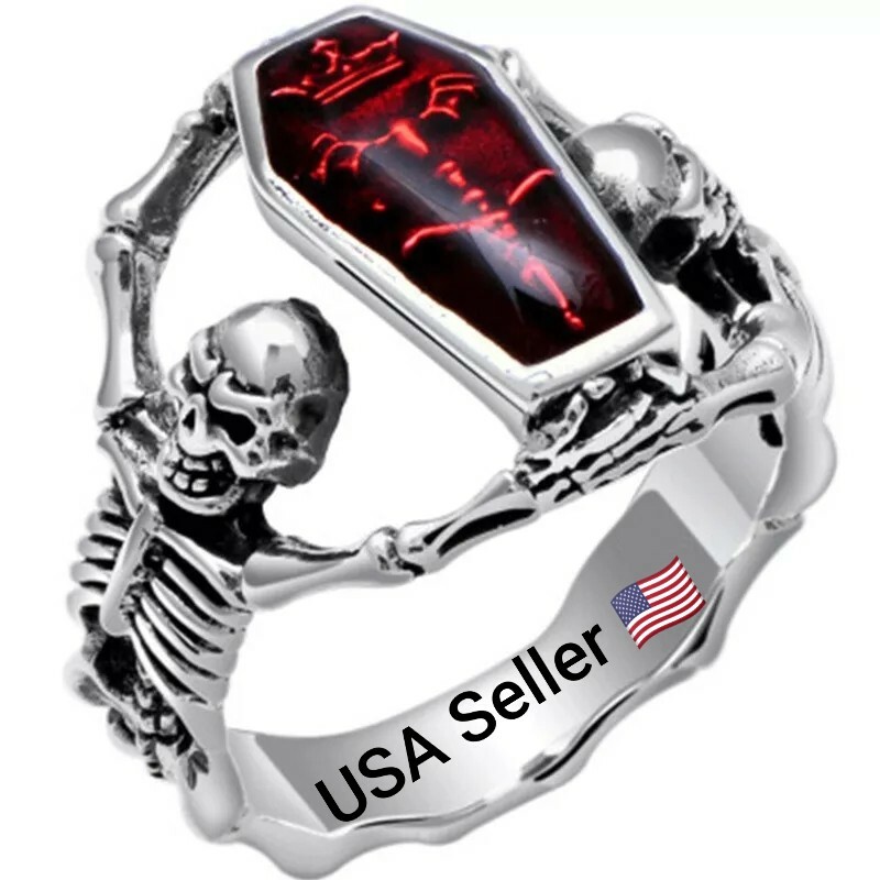 New Vintage Punk Skull Ring Unisex Hip Hop Engagement Rings Fashion Red Zircon