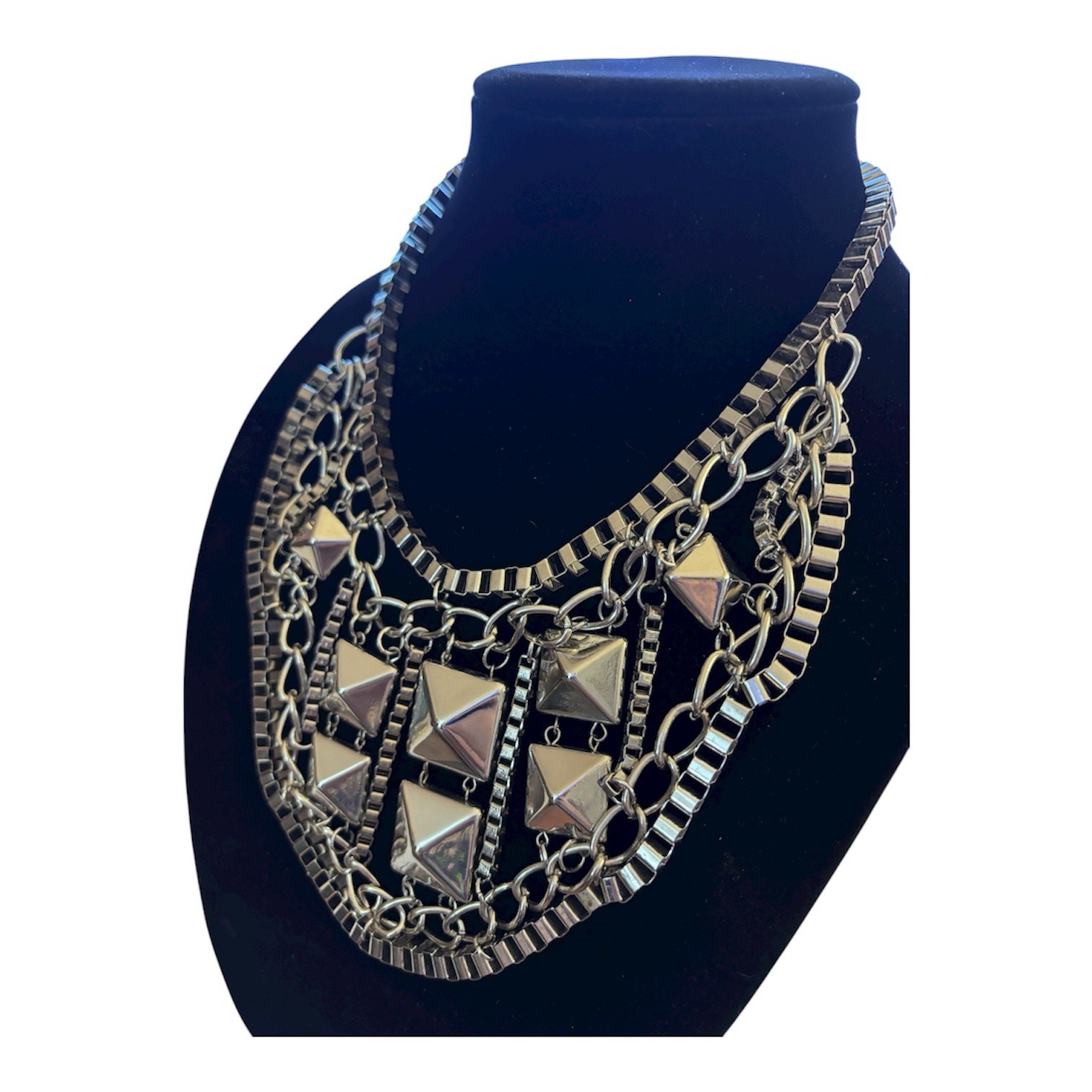 Bib Necklace Silver Tone Multi Chains Punk Gothic Draping Large Geometric Studs