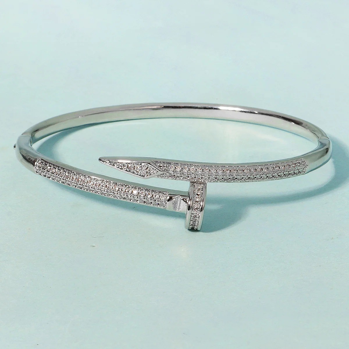 14k Yellow Gold plated Open Nail Bolt Trendy Bracelet AAA quality cubic zirconia