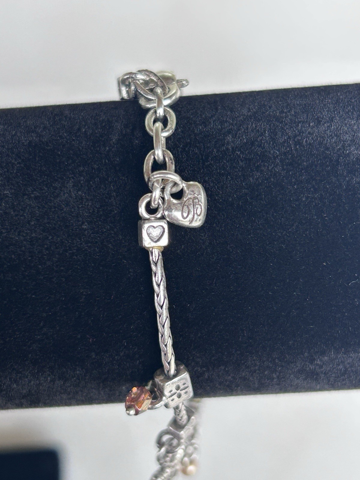 Brighton Amber Heart Retired Vintage Cross Silver Plated Charm Bracelet