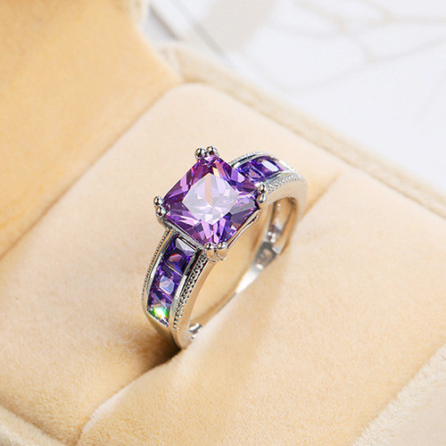 Natural Huge Qquare Cut Mystical Purple Amethyst Gemstone Silver Ring Size 6-10