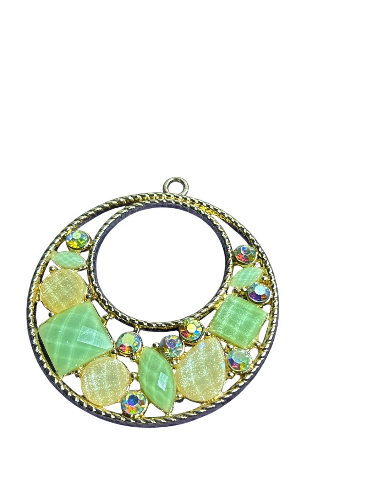 Circle Pendant Charm Goldtone Green Yellow AB Rhinestones 2.25 inches