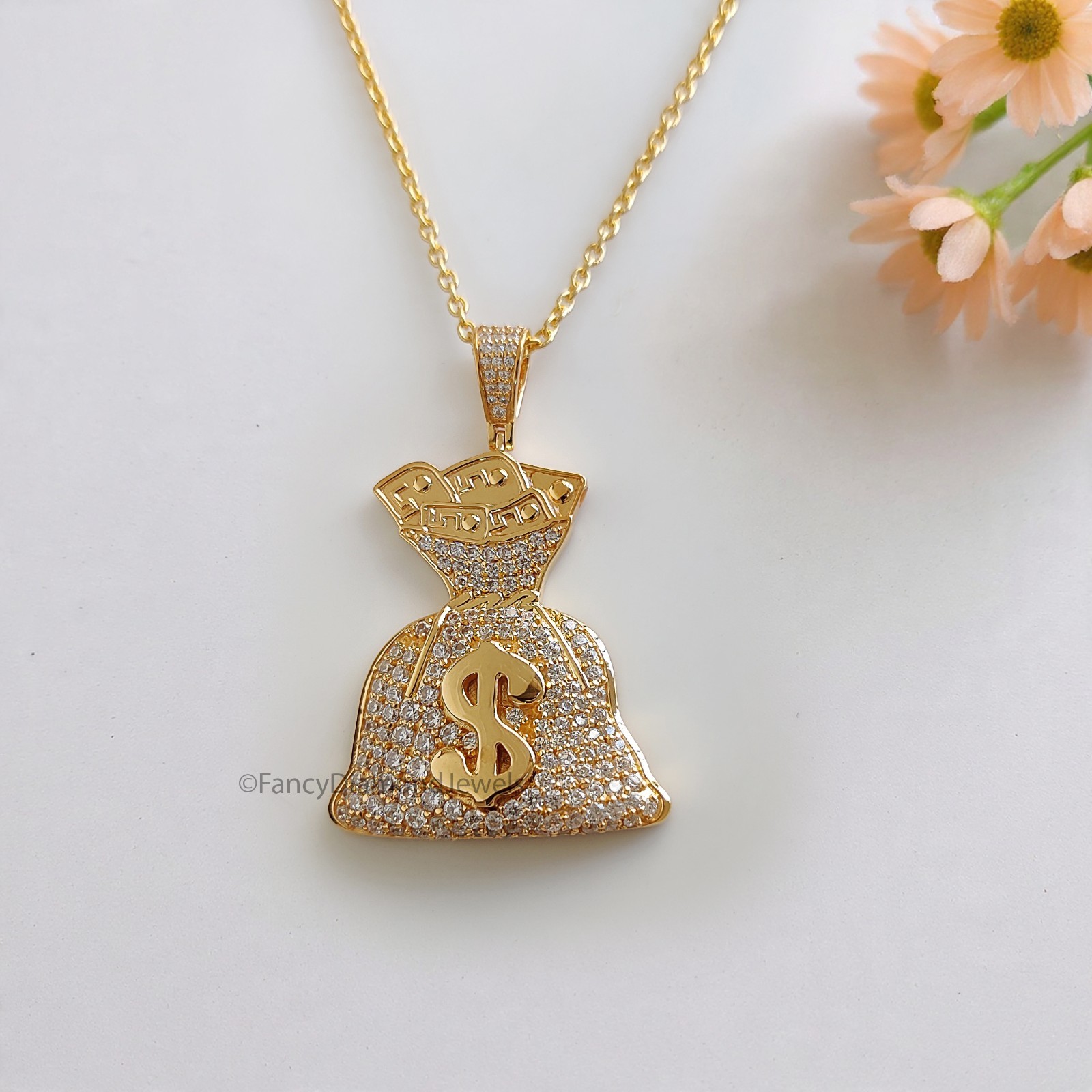 Iced Dollar Money Bag Pendant Round Moissanite Diamond Men’s Charm Pendant FD543