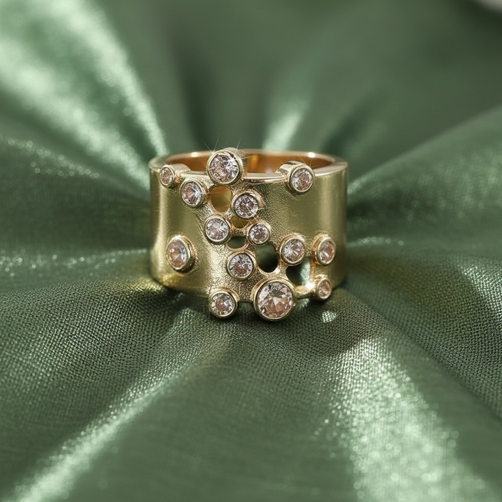 Ettika Gold Crystal Cluster Sz 6 Ring Wide Constellation Statement Boho Retro CZ